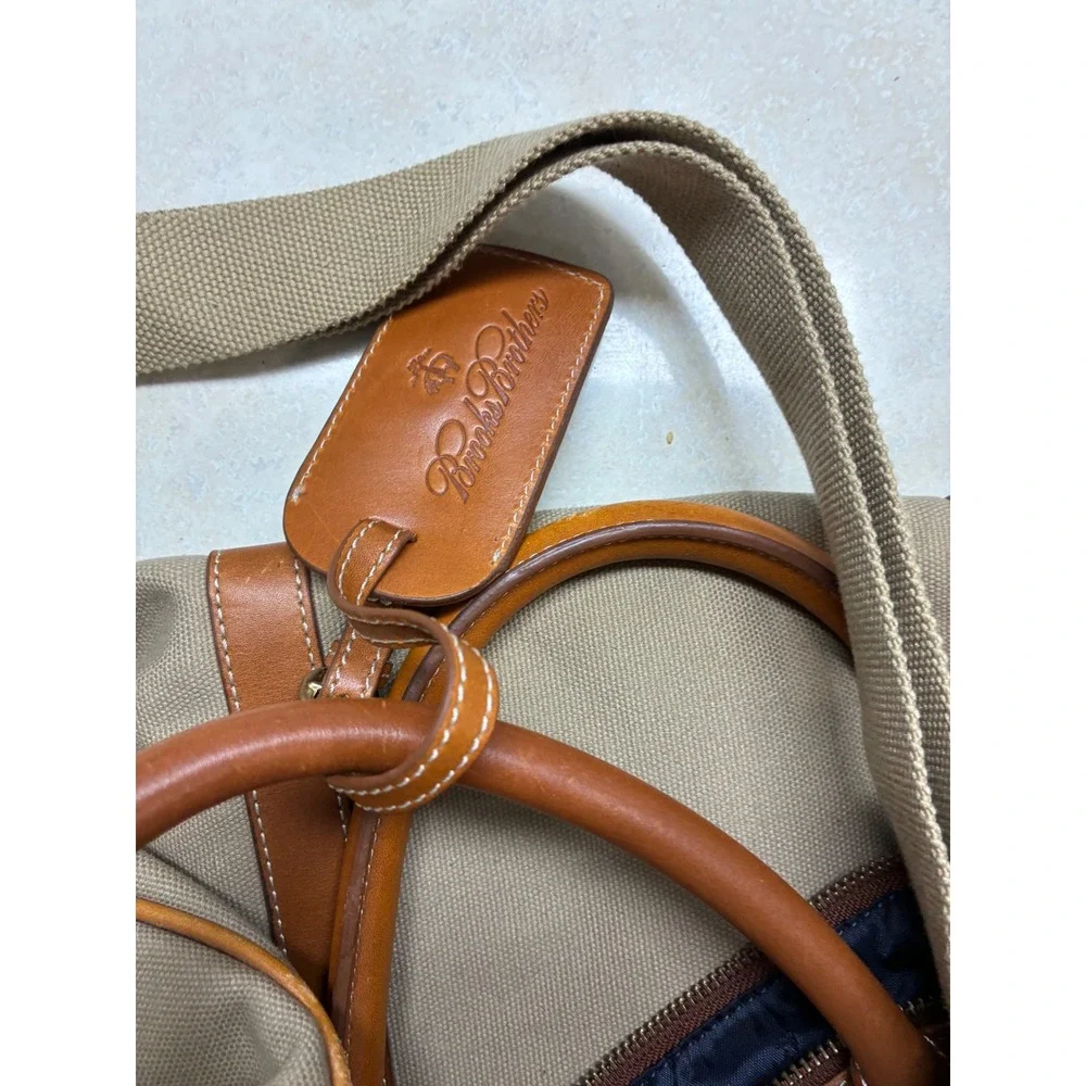 Brooks Brothers Canvas Leather Trim Duffle Bag Tan Brown Travel Weekender 4989